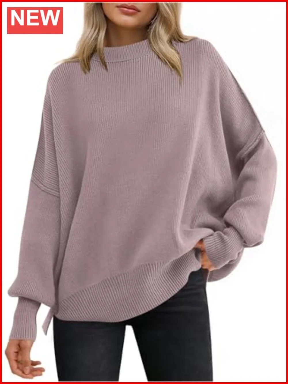 Oversized Chunky Ribbed Knit Pullover Sweater Batwing Sleeve Crewneck
